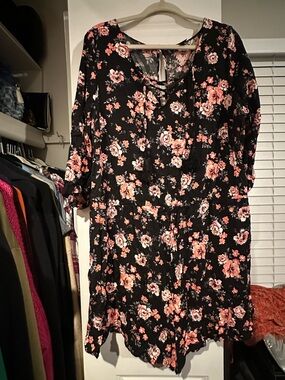 Floral Lace-Up Black Romper with Pink Blossoms